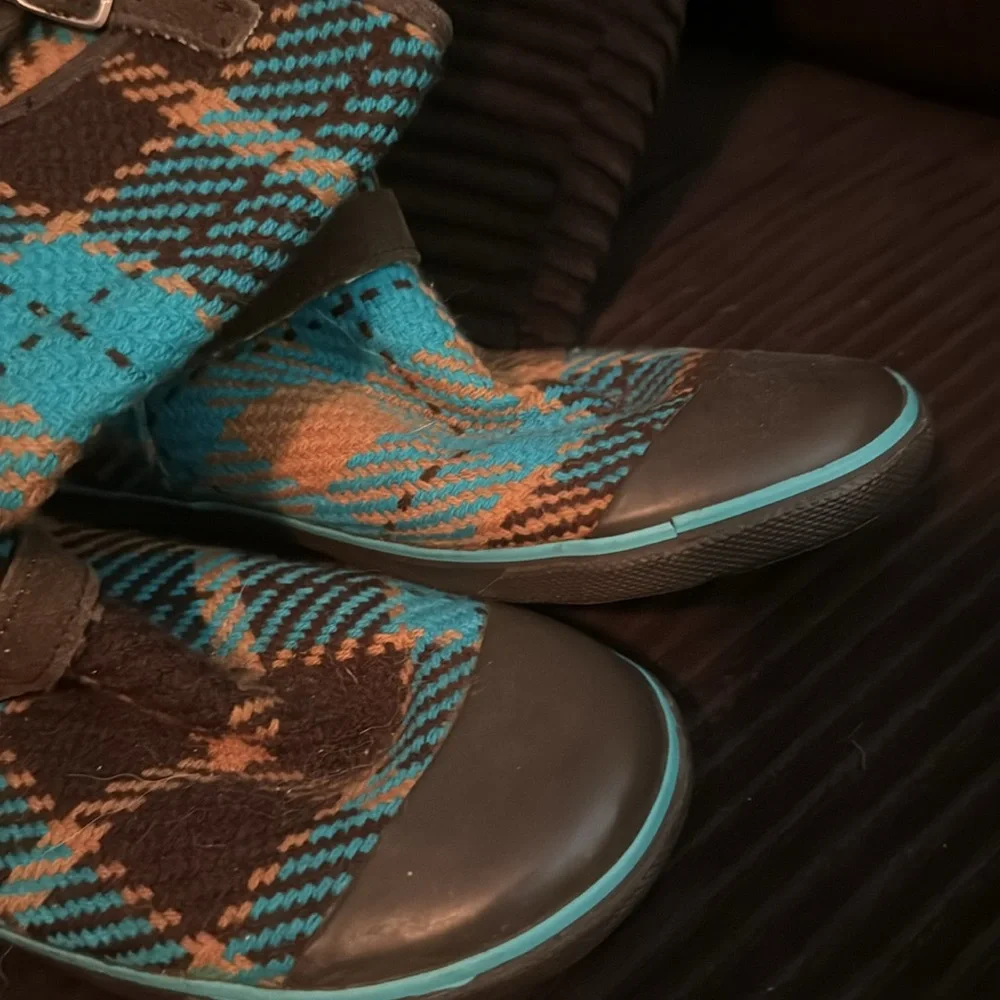 Turquoise brown plaid rain boots by sugar size 10